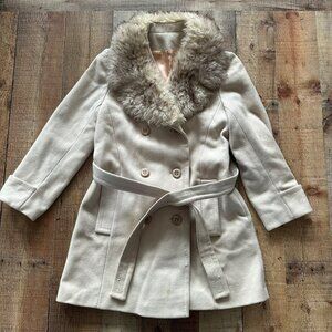 Vintage Mr. Fred Ivory Wool Blend Double-Breasted Coat With Faux Fur Collar Belt